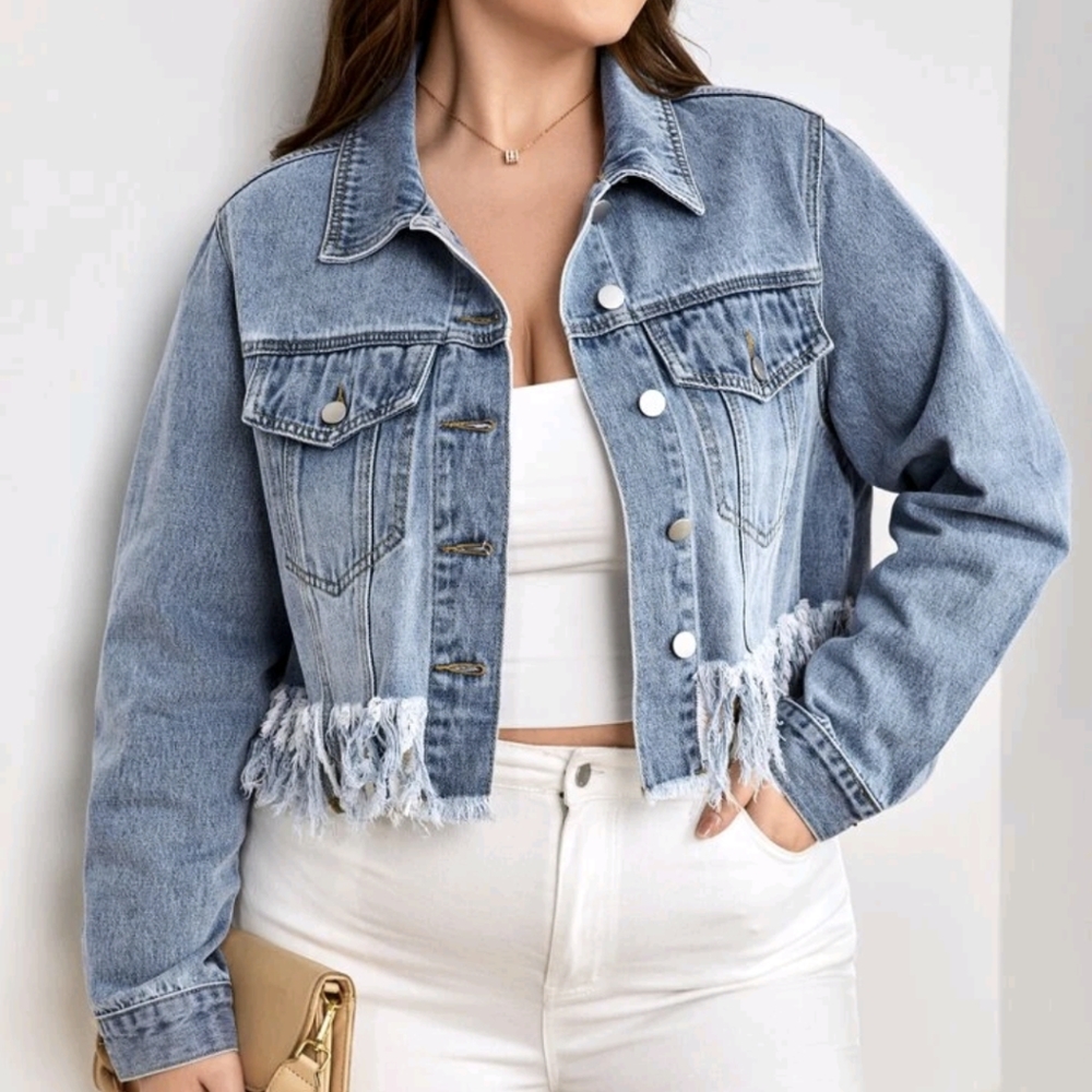 Denim fringe jean jacket 2x